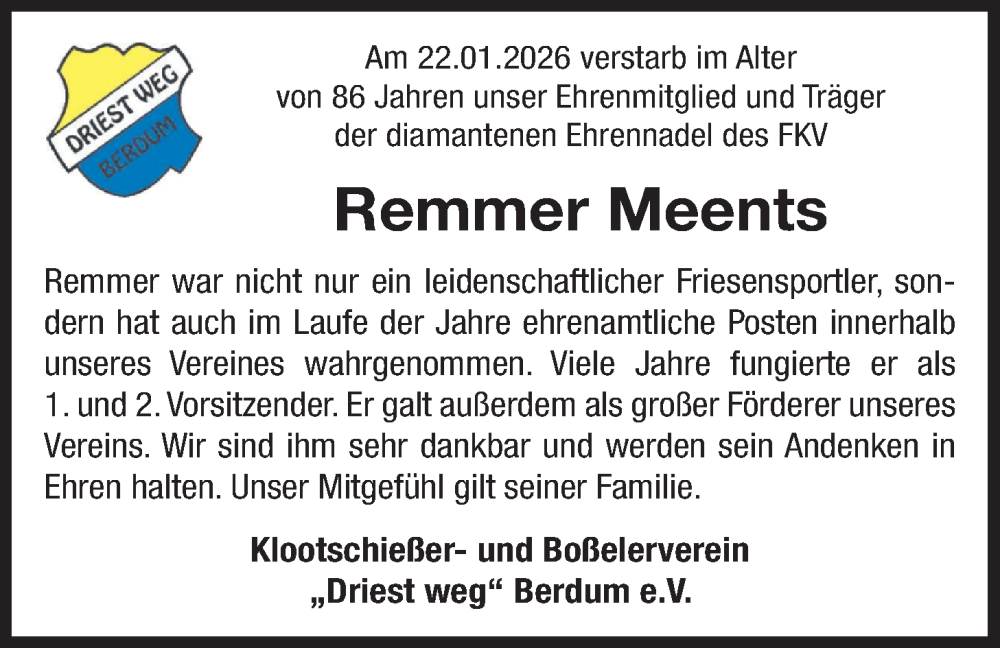  Traueranzeige für Remmer Meents vom 29.01.2026 aus WZ/JW/AH