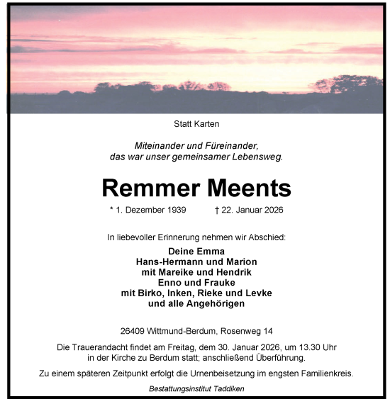 Traueranzeige von Remmer Meents von WZ/JW/AH