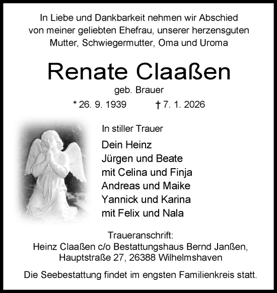 Traueranzeige von Renate Claaßen von WZ/JW/AH