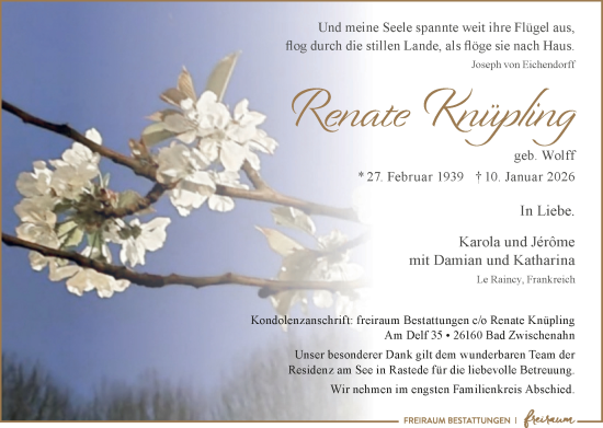 Traueranzeige von Renate Knüpling von Nordwest-Zeitung