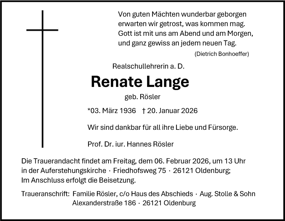  Traueranzeige für Renate Lange vom 31.01.2026 aus Nordwest-Zeitung