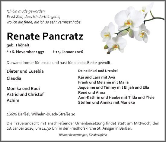 Traueranzeige von Renate Pancratz von Nordwest-Zeitung