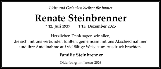 Traueranzeige von Renate Steinbrenner von Nordwest-Zeitung