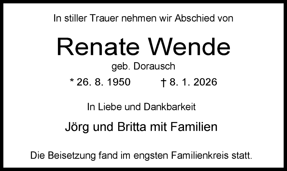  Traueranzeige für Renate Wende vom 31.01.2026 aus WZ/JW/AH