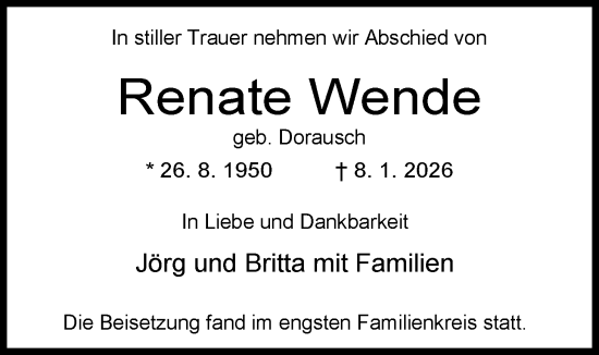 Traueranzeige von Renate Wende von WZ/JW/AH