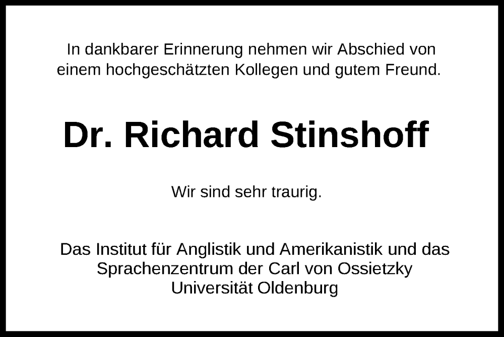  Traueranzeige für Richard Stinshoff vom 17.01.2026 aus Nordwest-Zeitung