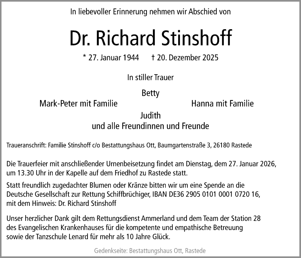  Traueranzeige für Richard Stinshoff vom 10.01.2026 aus Nordwest-Zeitung