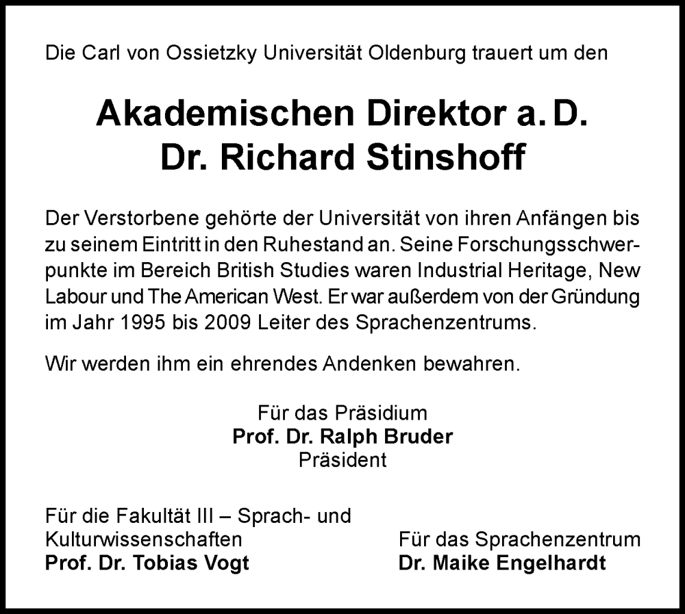  Traueranzeige für Richard Stinshoff vom 17.01.2026 aus Nordwest-Zeitung