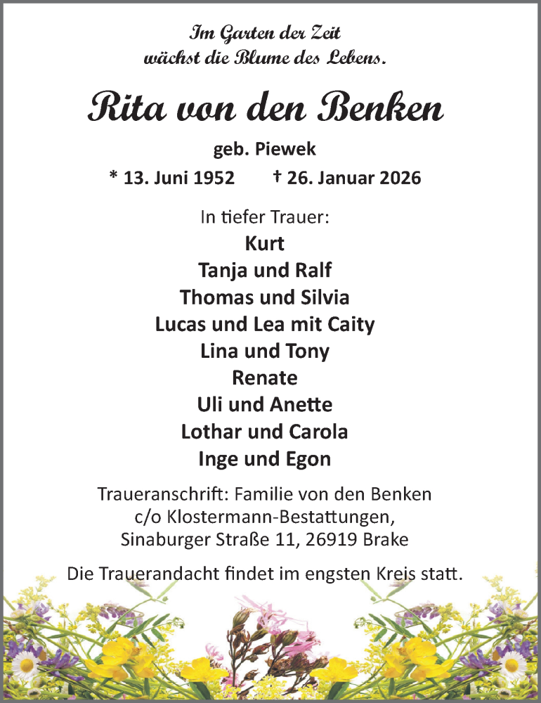  Traueranzeige für Rita von den Benken vom 31.01.2026 aus Nordwest-Zeitung