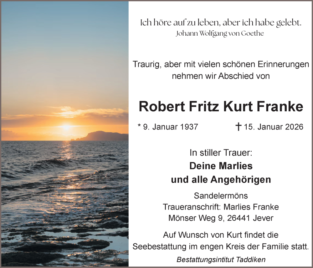  Traueranzeige für Robert Fritz Kurt Franke vom 24.01.2026 aus WZ/JW/AH