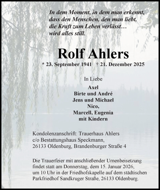 Traueranzeige von Rolf Ahlers von Nordwest-Zeitung