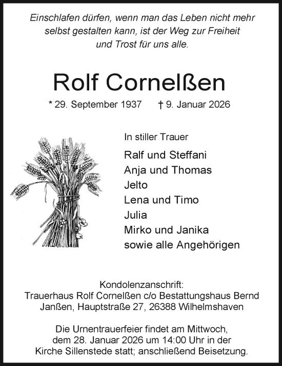 Traueranzeige von Rolf Cornelßen von WZ/JW/AH