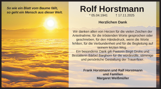 Traueranzeige von Rolf Horstmann von Nordwest-Zeitung