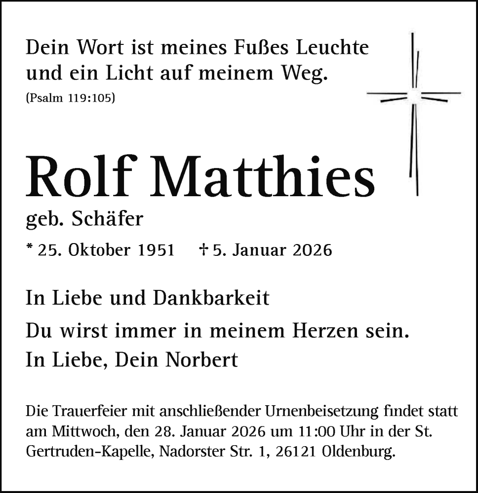  Traueranzeige für Rolf Matthies vom 17.01.2026 aus Nordwest-Zeitung