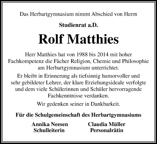 Traueranzeige von Rolf Matthies von Nordwest-Zeitung