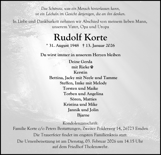 Traueranzeige von Rudolf Korte von Emder Zeitung