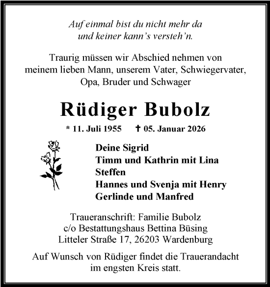 Traueranzeige von Rüdiger Bubolz von Nordwest-Zeitung