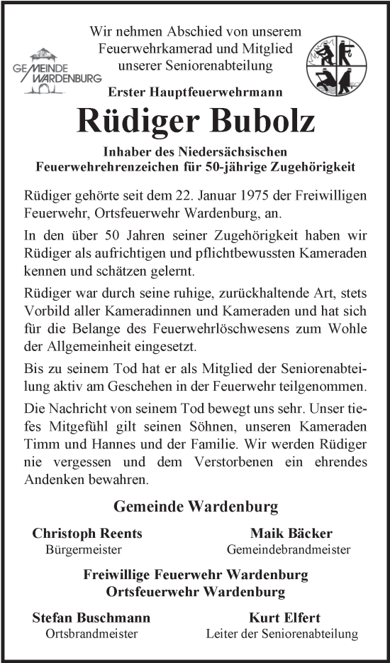 Traueranzeige von Rüdiger Bubolz von Nordwest-Zeitung