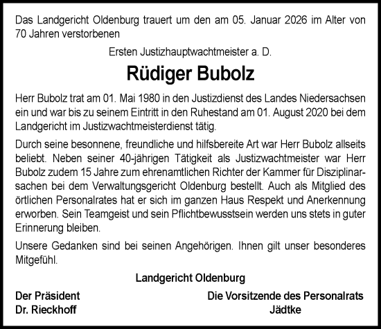 Traueranzeige von Rüdiger Bubolz von Nordwest-Zeitung