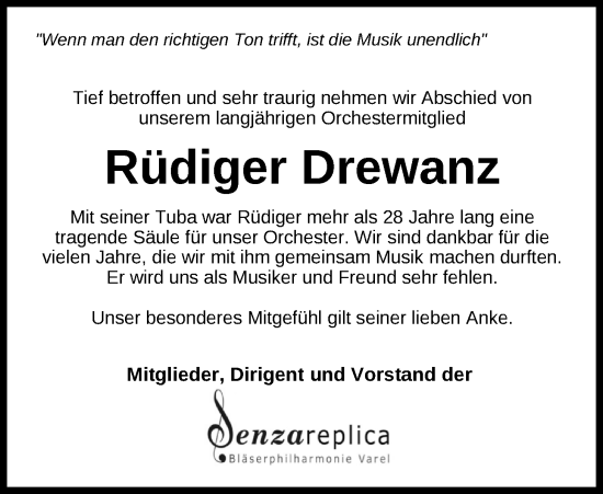 Traueranzeige von Rüdiger Drewanz von Nordwest-Zeitung