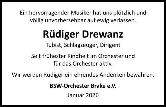 Traueranzeige von Rüdiger Drewanz von Nordwest-Zeitung