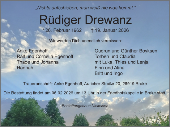 Traueranzeige von Rüdiger Drewanz von Nordwest-Zeitung