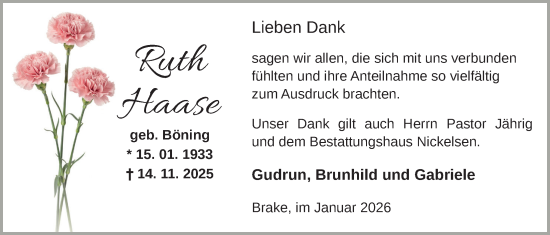 Traueranzeige von Ruth Haase von Nordwest-Zeitung
