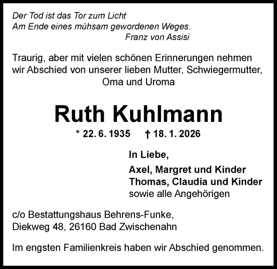 Traueranzeige von Ruth Kuhlmann von Nordwest-Zeitung