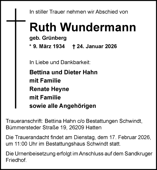 Traueranzeige von Ruth Wundermann von Nordwest-Zeitung