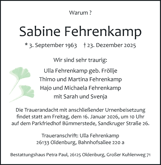 Traueranzeige von Sabine Fehrenkamp von Nordwest-Zeitung