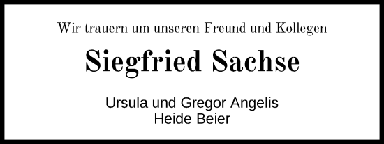 Traueranzeige von Siegfried Sachse von Nordwest-Zeitung