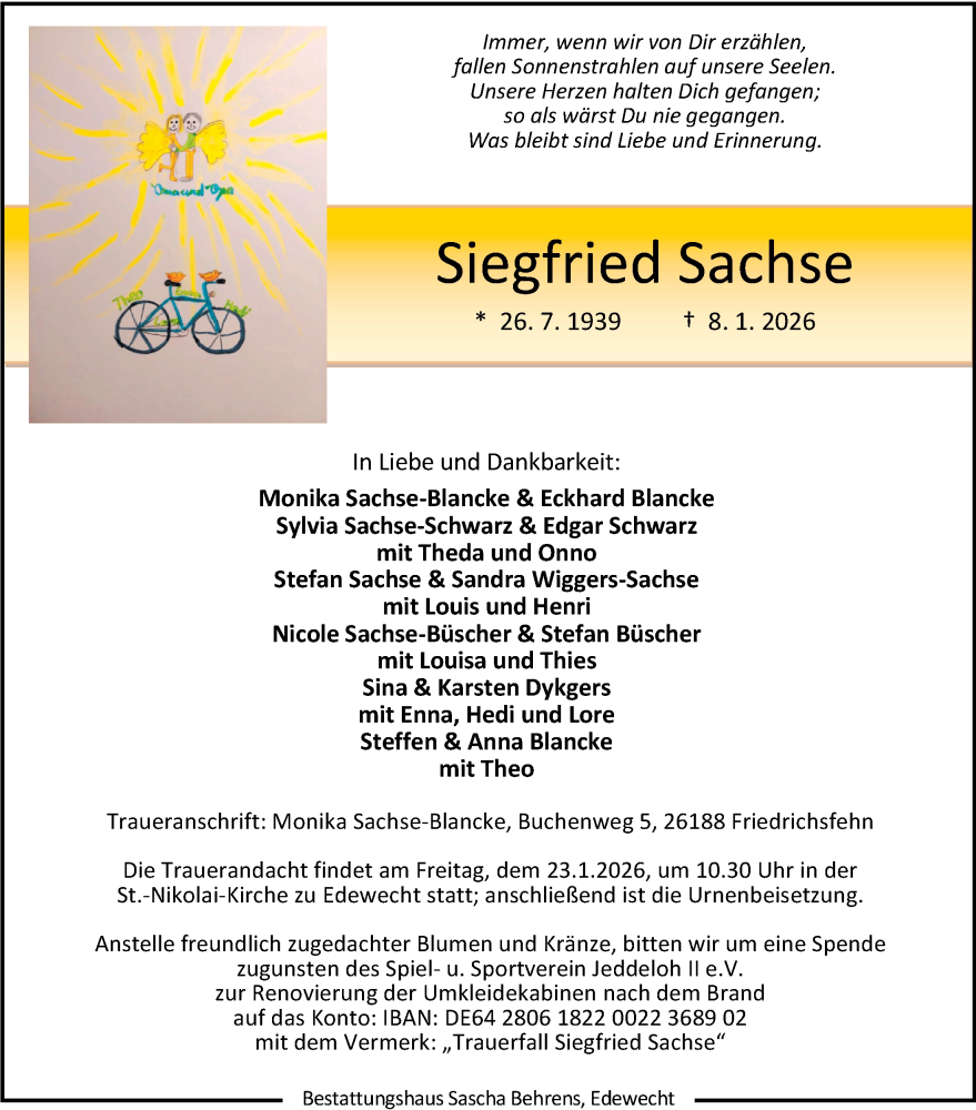 Traueranzeige für Siegfried Sachse vom 16.01.2026 aus Nordwest-Zeitung
