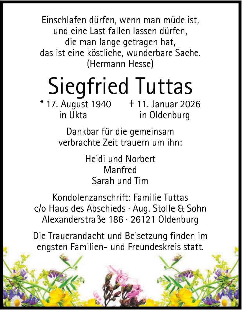  Traueranzeige für Siegfried Tuttas vom 17.01.2026 aus Nordwest-Zeitung