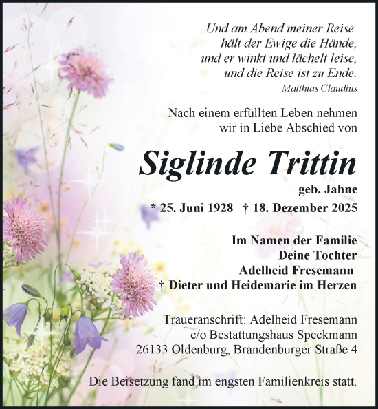 Traueranzeige von Siglinde Trittin von Nordwest-Zeitung