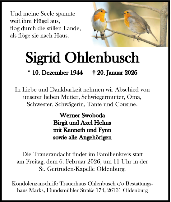 Traueranzeige von Sigrid Ohlenbusch von Nordwest-Zeitung