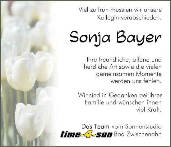 Traueranzeige von Sonja Bayer von Nordwest-Zeitung