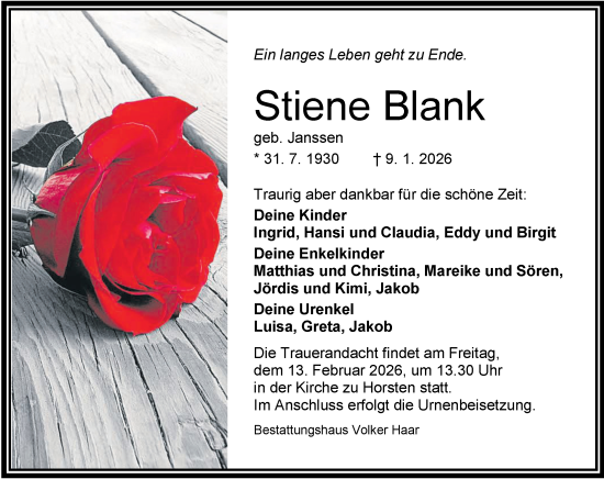 Traueranzeige von Stiene Blank von WZ/JW/AH