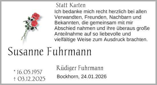 Traueranzeige von Susanne Fuhrmann von Nordwest-Zeitung