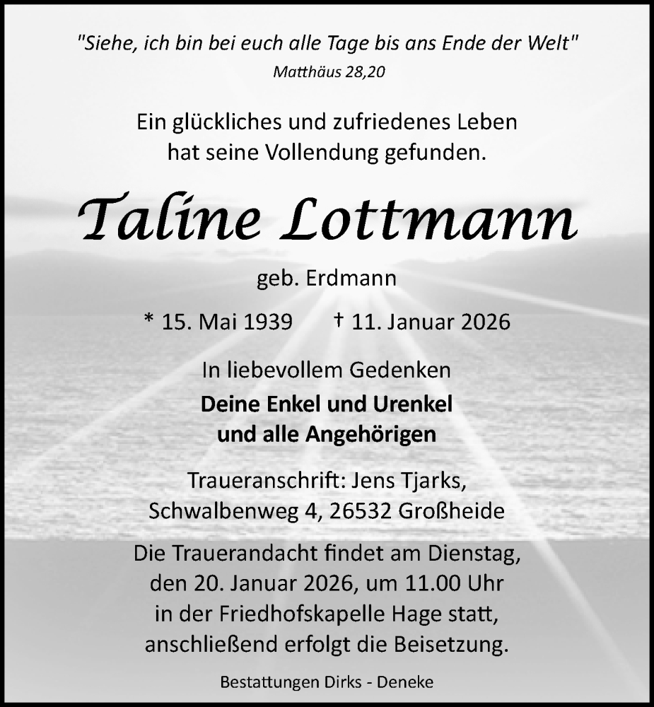  Traueranzeige für Taline Lottmann vom 17.01.2026 aus Emder Zeitung