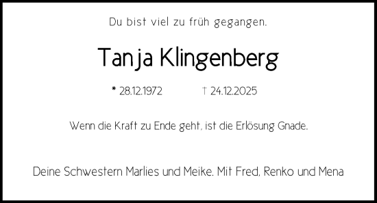 Traueranzeige von Tanja Klingenberg von WZ/JW/AH