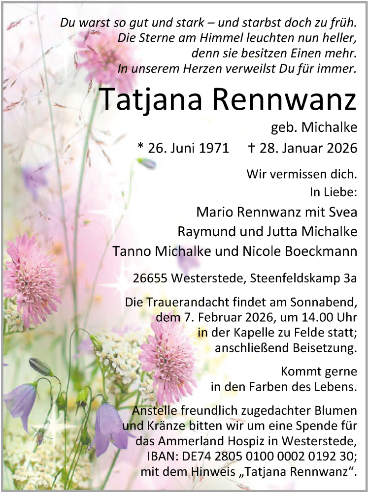  Traueranzeige für Tatjana Rennwanz vom 31.01.2026 aus Nordwest-Zeitung