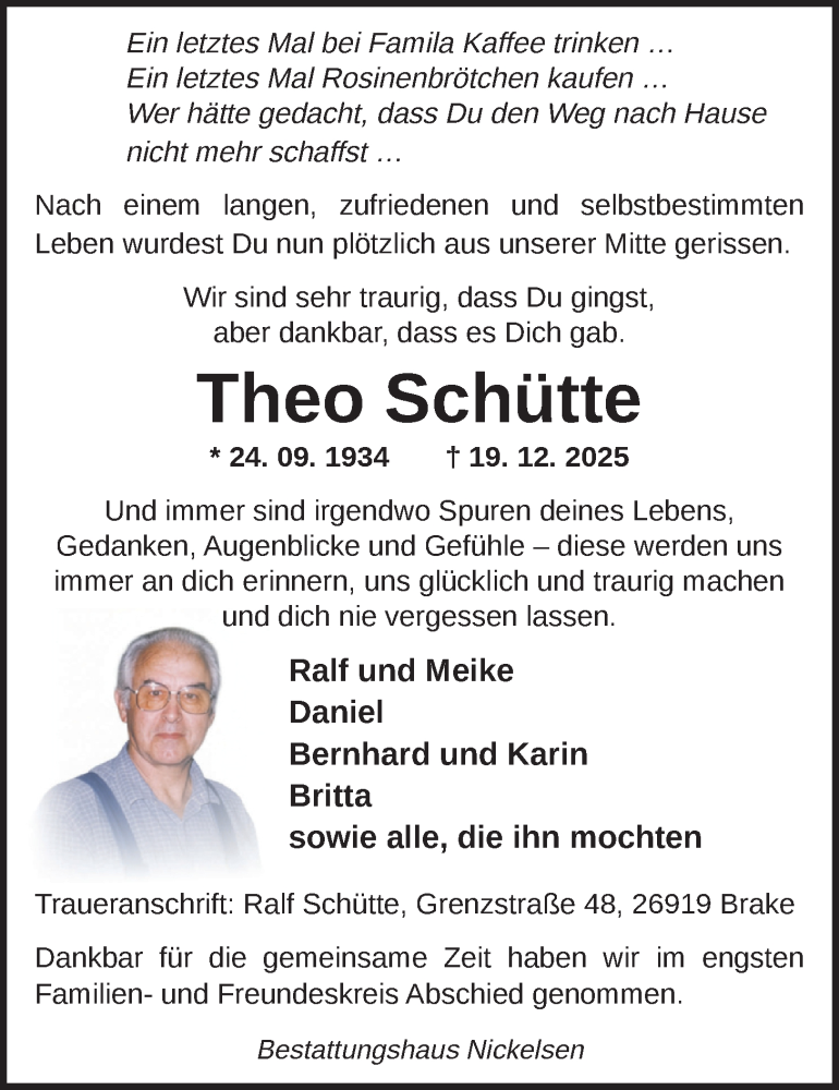  Traueranzeige für Theo Schütte vom 10.01.2026 aus Nordwest-Zeitung