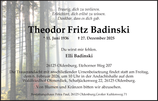 Traueranzeige von Theodor Fritz Badinski von Nordwest-Zeitung