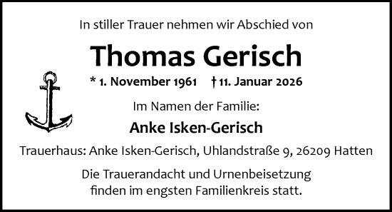 Traueranzeige von Thomas Gerisch von Nordwest-Zeitung