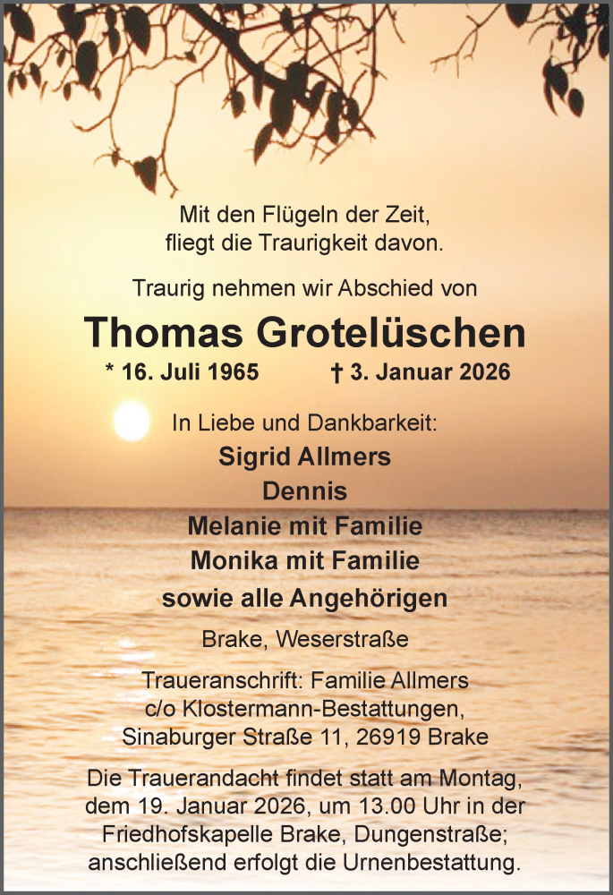  Traueranzeige für Thomas Grotelüschen vom 10.01.2026 aus Nordwest-Zeitung