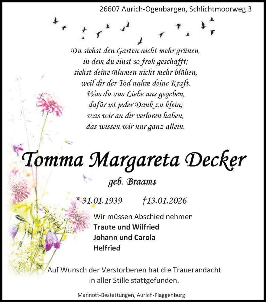  Traueranzeige für Tomma Margareta Decker vom 27.01.2026 aus WZ/JW/AH
