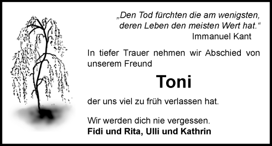 Traueranzeige von Toni Duen von Nordwest-Zeitung