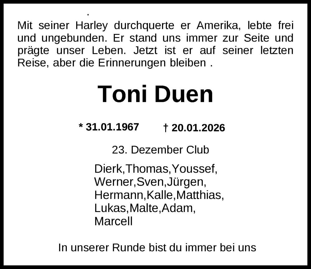  Traueranzeige für Toni Duen vom 24.01.2026 aus Nordwest-Zeitung