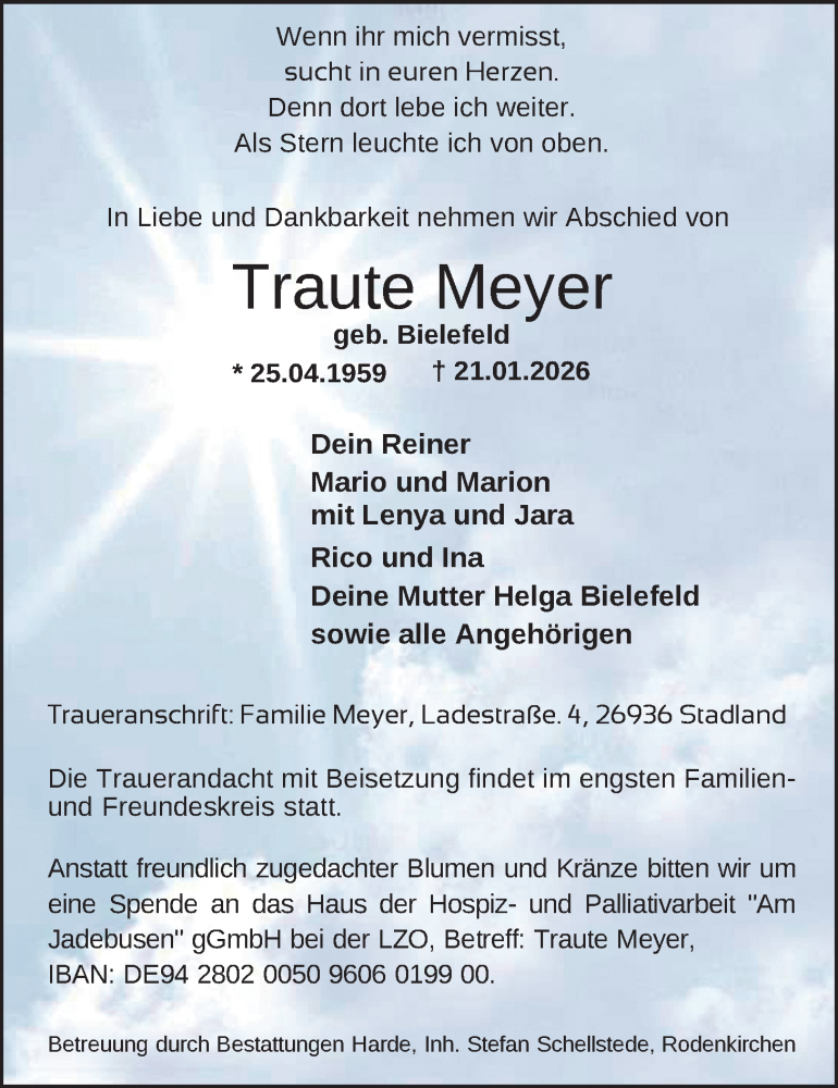  Traueranzeige für Traute Meyer vom 28.01.2026 aus Nordwest-Zeitung