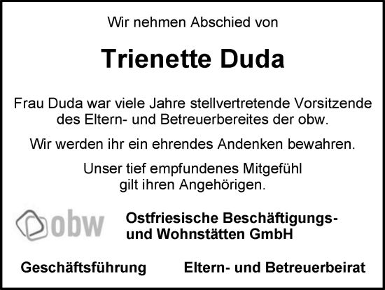 Traueranzeige von Trienette Duda von Emder Zeitung